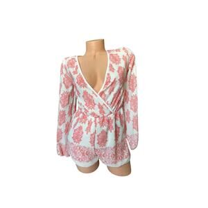 Gracie Boho jumpsuit Pink White Paisley Long Sleeve Deep V-Neck Romper - Small